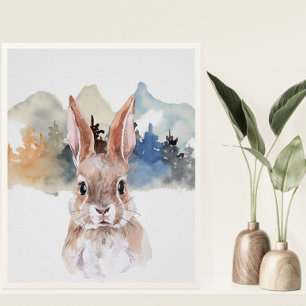 Poster Watercolor Bunny Forest Nursery Child Woodland