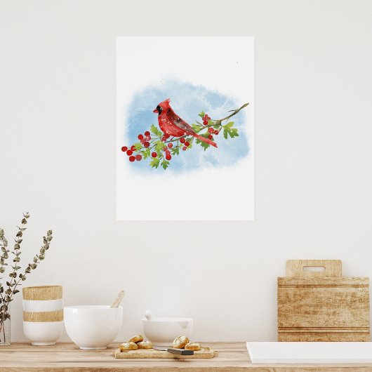 Poster Watercolor Cardinal Bird on Berry Branch (Cuisine)