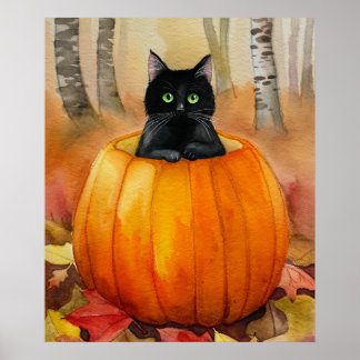 Poster Watercolor Chat noir en Citrouille Automne Forêt H