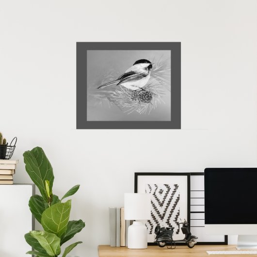 Poster Watercolor Chickadee Bird Pine Cone Nature Art (Bureau à domicile)