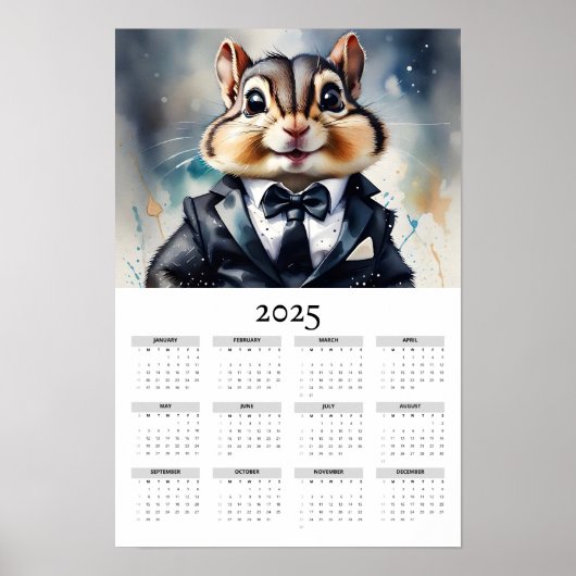 Poster Watercolor Chipmunk Tux Bow Cravate 2025 Calendrie (Devant)