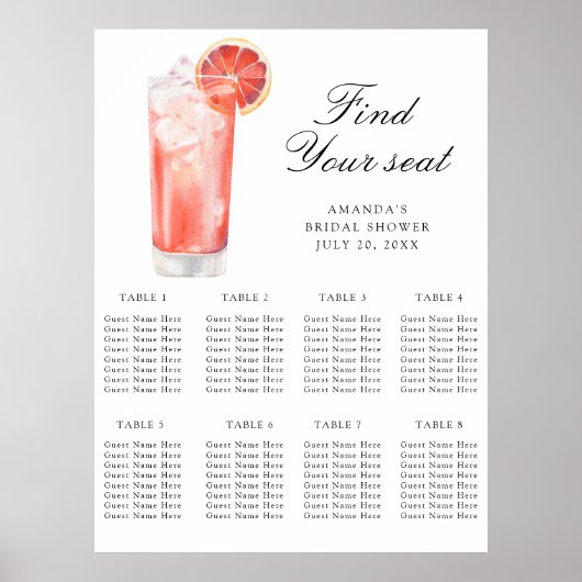 Poster Watercolor Citrus Cocktail Wedding seating chart (Devant)
