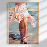 Poster Watercolor Coastal Cowgirl sur la plage<br><div class="desc">Ajoutez une touche de fantaisie et de charme à votre décor avec la "Watercolor Coastal Cowgirl on the Beach Poster". Cette délicieuse oeuvre d'art sur papier présente une scène d'aquarelle magnifiquement rendue d'une femme en jupe rose et des bottes de cowboy roses assorties, en longeant une plage éclairée par le...</div>