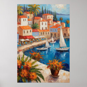 Poster Watercolor Coastal Village Avec voilier Fleurs
