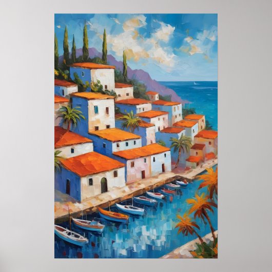 Poster Watercolor Coastal Village sailboat (Devant)