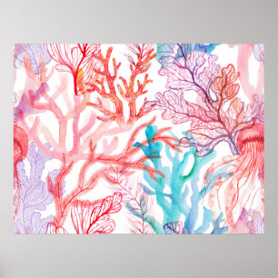Poster Watercolor corals. Seamless pattern with the under