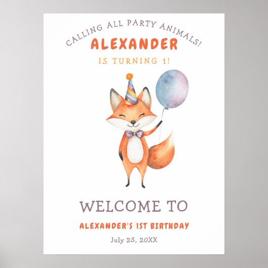 Poster Watercolor Cute Fox 1er anniversaire (Devant)