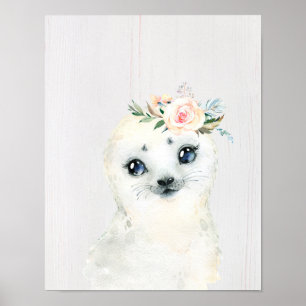 Poster Watercolor Floral Baby Seal Snowy Animals