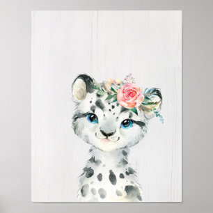 Poster Watercolor Floral Baby Snow Leopard