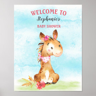 Poster Watercolor Girl Horse Baby shower ferme