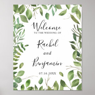 Poster Watercolor Green Leaf Border Welcome Wedding Chic