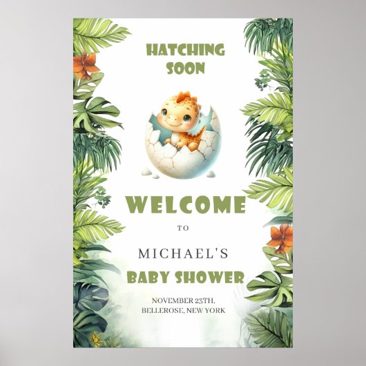 Poster Watercolor hatching soon baby dino welcome sign (Devant)