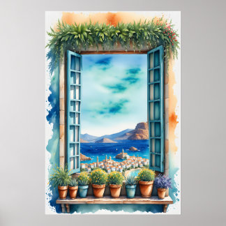 Poster Watercolor Mediterranean Window View Coastal Ville