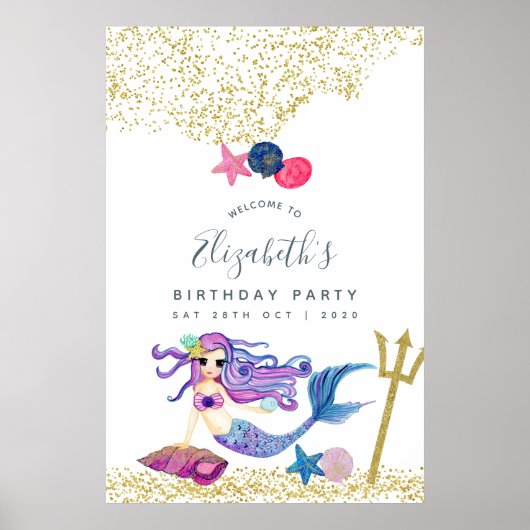 Poster Watercolor Mermaid Birthday Party Welcome (Devant)