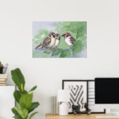 Poster Watercolor Mother Sparrow Feeding Chicks (Bureau à domicile)