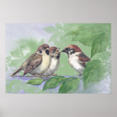 Poster Watercolor Mother Sparrow Feeding Chicks (Devant)