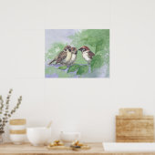 Poster Watercolor Mother Sparrow Feeding Chicks (Cuisine)