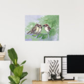 Poster Watercolor Mother Sparrow Feeding Chicks (Bureau à domicile)