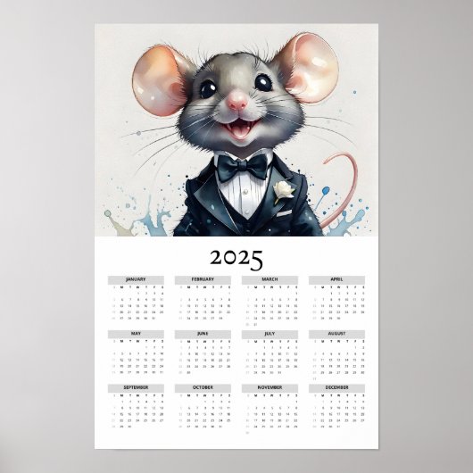 Poster Watercolor Mouse Tuxedo Bow Cravate 2025 Wall Cale (Devant)