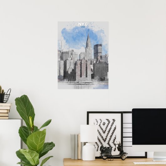 Poster Watercolor New York City Skyline – Manhattan Wall  (Bureau à domicile)