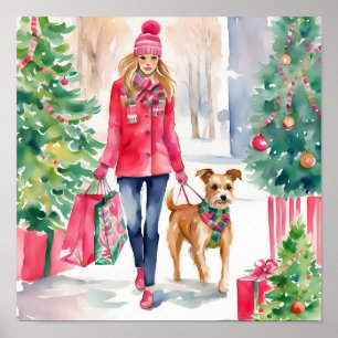 Poster Watercolor Noël Fashion Shopping Girl