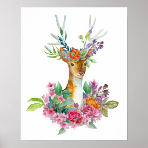 Poster Watercolor Painted Floral Baby Deer Baby Nursery