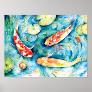 Poster Watercolor Painting of Koi in Lily Pond