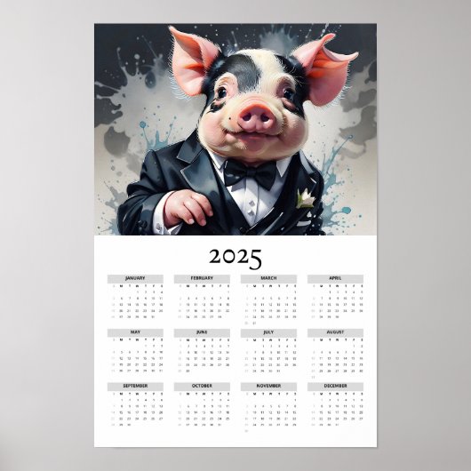 Poster Watercolor Pig Tuxedo Bow Cravate 2025 Wall Calend (Devant)