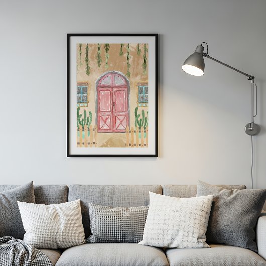 Poster Watercolor Pink Door Rustic Facade