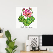 Poster Watercolor Pink Lotus with Buds & Leaves (Bureau à domicile)