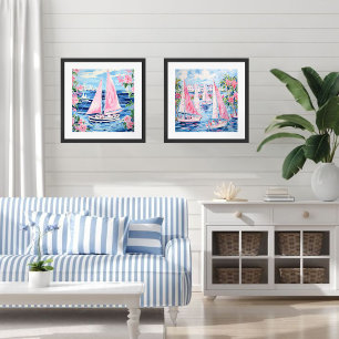 Poster Watercolor Pink Sailboats Carré côtier tropical