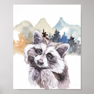 Poster Watercolor Raccoon Forest Nursery Child Woodland