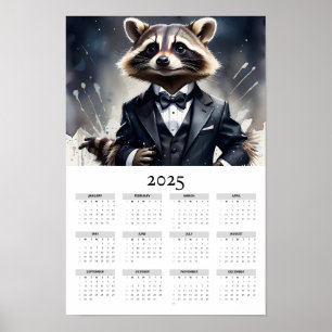 Poster Watercolor Raccoon Tux Bow Cravate 2025 Calendrier