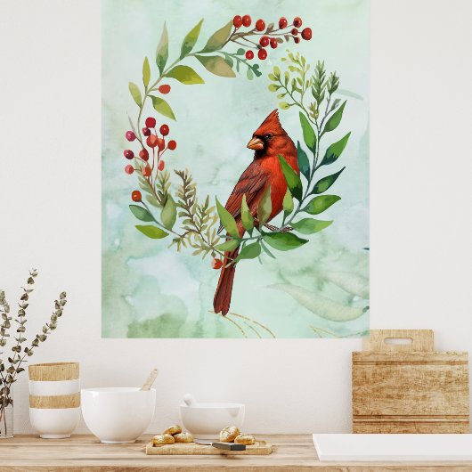 Poster Watercolor Red Cardinal Bird Wreath Christmas (Cuisine)