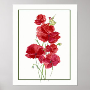 Poster Watercolor Red Poppies & Hummingbird Garden art