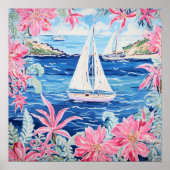 Poster Watercolor Sailboat rose Carré tropical (Devant)