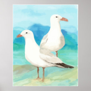 Poster Watercolor Seagulls at the Beach Bird Nature Art