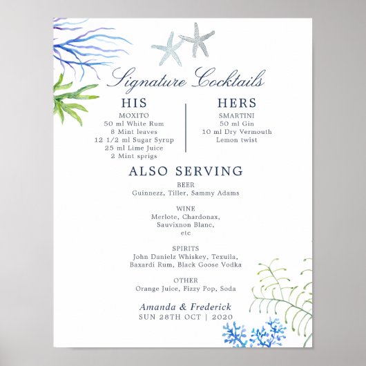 Poster Watercolor Seaweed Beach Wedding Cocktails Menu (Devant)
