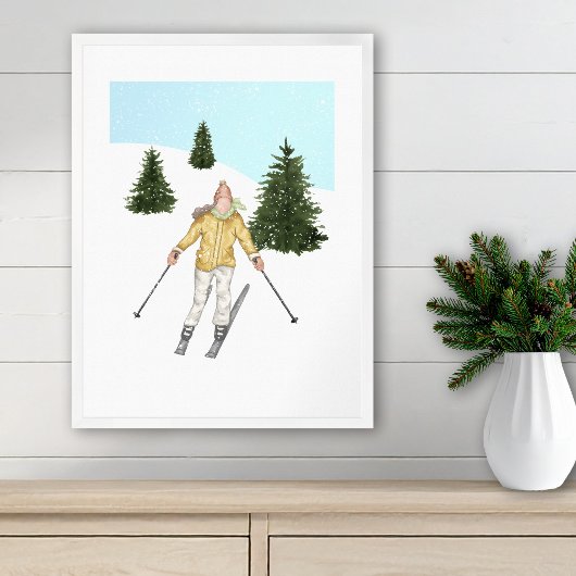 Poster Watercolor Skier And Slopes With Fir Trees Winter