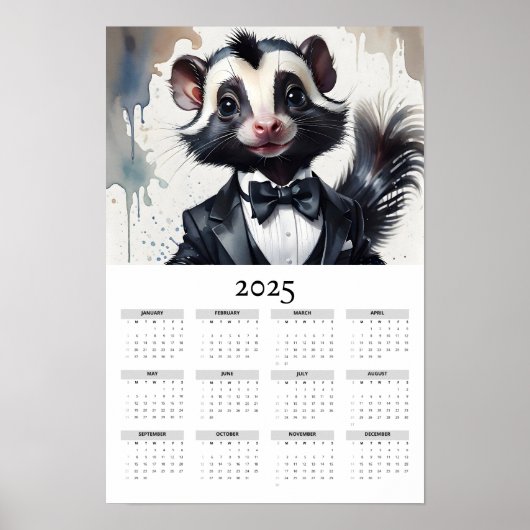 Poster Watercolor Skunk Tuxedo Bow Cravate 2025 Wall Cale (Devant)