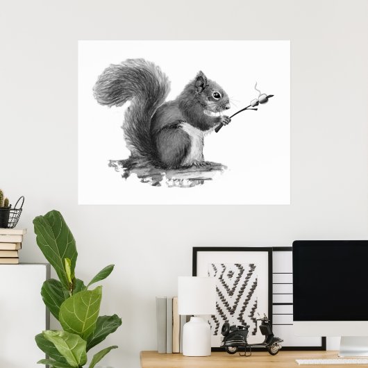 Poster Watercolor Squirrel Toasting Marshmallow Animal  (Bureau à domicile)