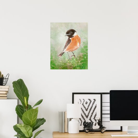 Poster Watercolor Stonechat Bird  Nature Art (Bureau à domicile)