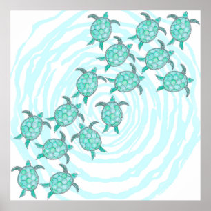 Poster Watercolor Teal Sea Turtles on Swirly Stripes