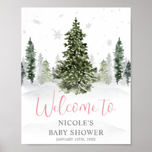 Poster Watercolor Winter Forest Baby shower rose Bienvenu