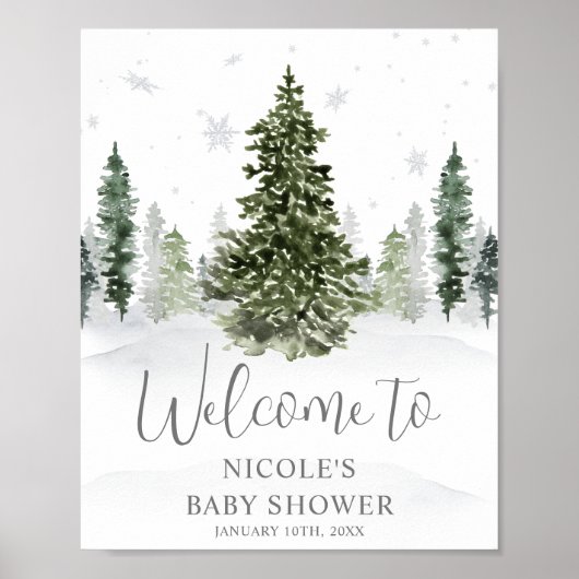 Poster Watercolor Winter Forest Grey Baby shower Bienvenu (Devant)