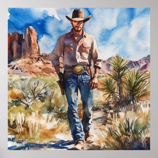 Poster Watercolour Cowboy in Desert (Devant)
