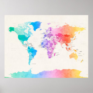 Poster Watercolour Political Map of the World