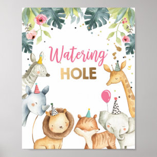 Poster Watering Hole Wild Animal Girl Birthday Table Sign