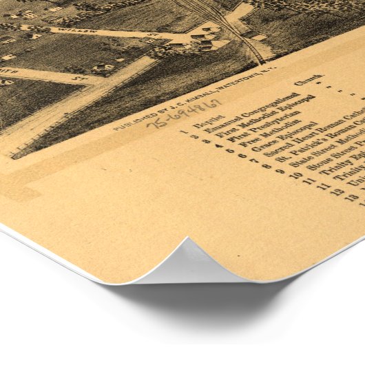 Poster Watertown New York 1891 Carte panoramique antique (Coin)