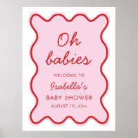 Wavy Moderne Curvy Retro Baby shower rose et rouge
